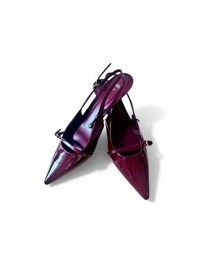 Zara Patent Pointed Slingback kitten Pumps in Plum